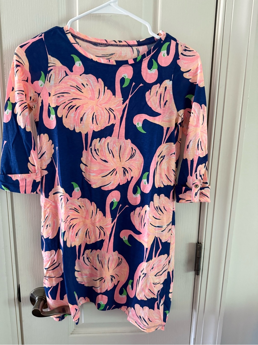 Lilly Pulitzer Girls Navy and Pink Flamingo Print Dress L 8-10